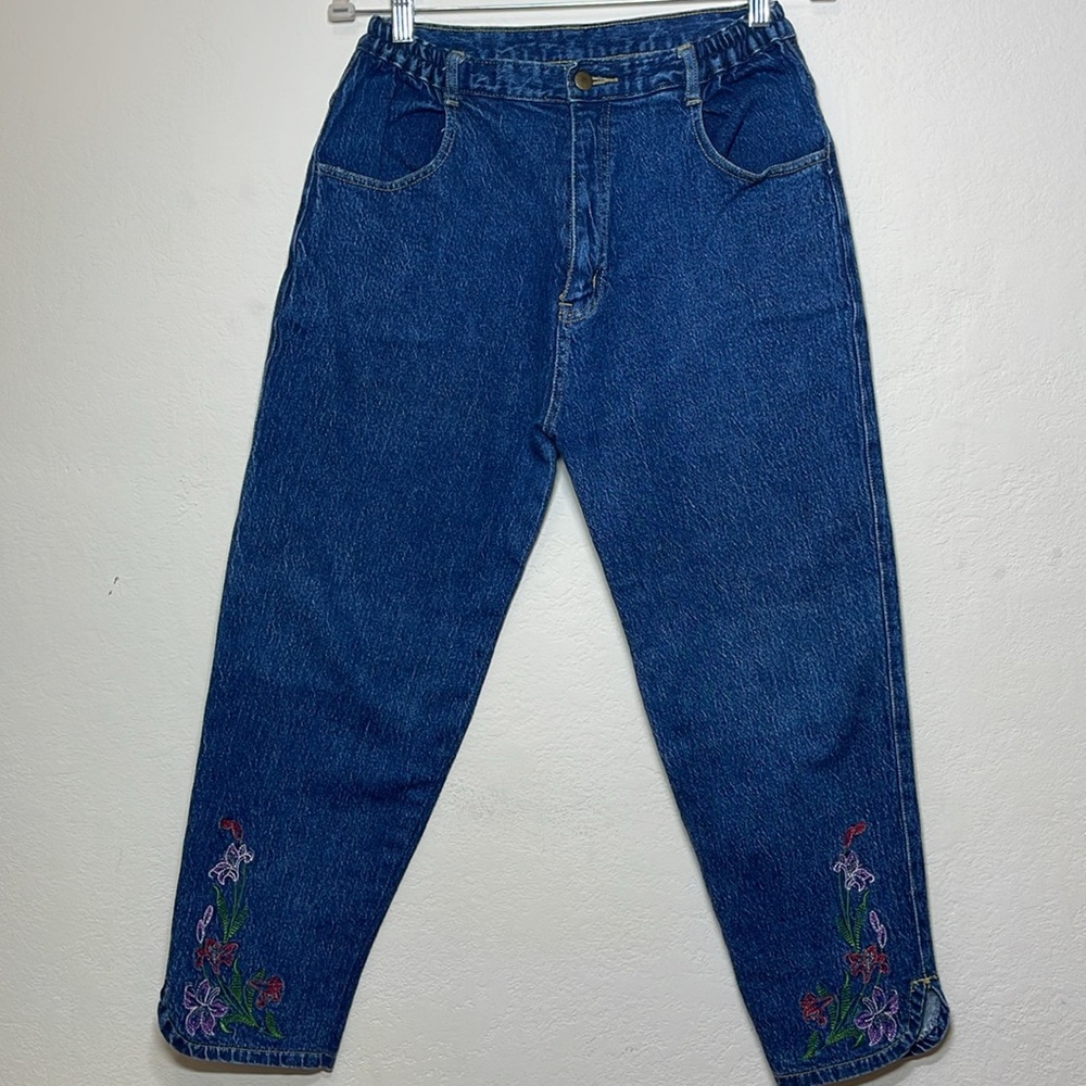 Vintage Denim Mom Jeans Floral Embroidered Size L